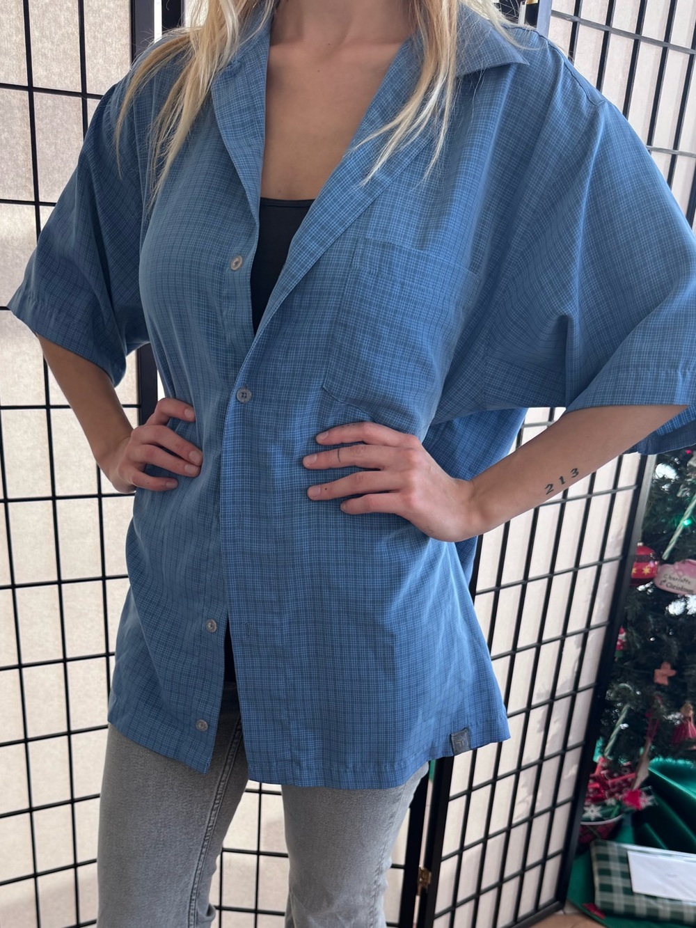 Blue Men's Short-Sleeve Button-Up Shirt